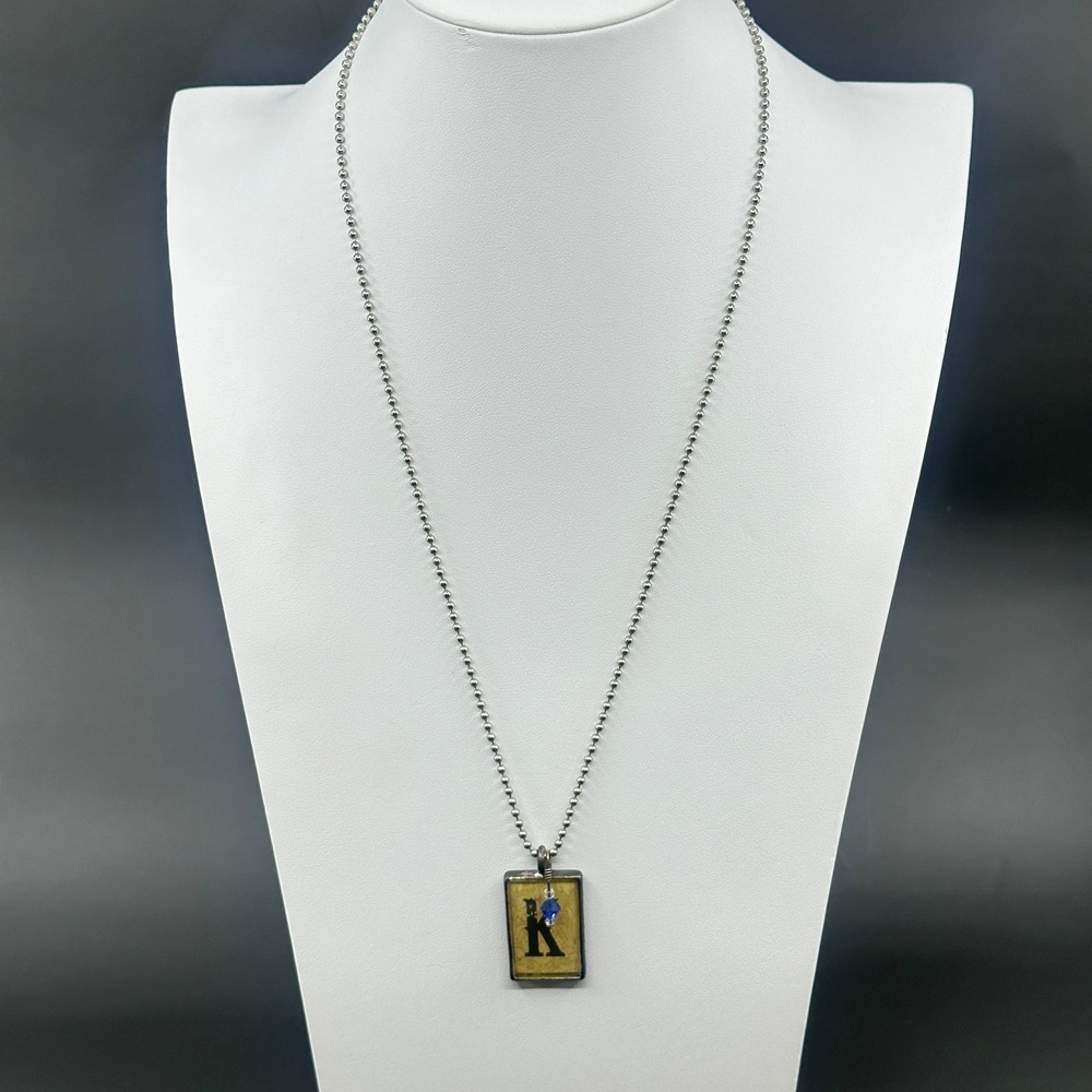 Initial K Pendant Necklace Yellow Art Tile Blue Bead Silver Tone Ball Chain Gift
